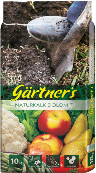 Produktbild von Gaertners Naturkalk Dolomit in einer 10kg Packung mit Darstellung von Obst, Gemuese und einer Spatenspitze im Boden, ergaenzt durch Produktdetails und Einsatzhinweise.