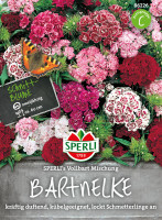 Produktbild von SPERLIs Bartnelke Vollbart Mischung mit bunten Blumen und Schmetterling, Verpackungsdesign und Informationen über Duft, Eignung für Kübel und...