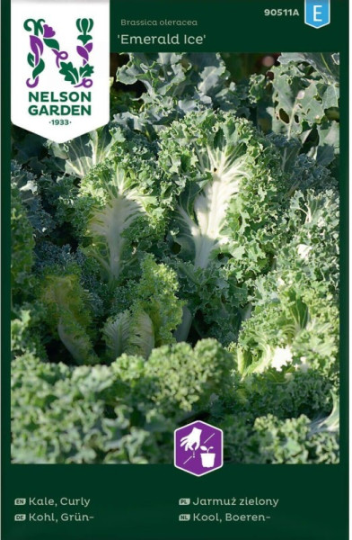 Produktbild von Nelson Garden Grünkohl Emerald Ice mit Pflanzenabbildung und Verpackungsinformationen in mehreren Sprachen.