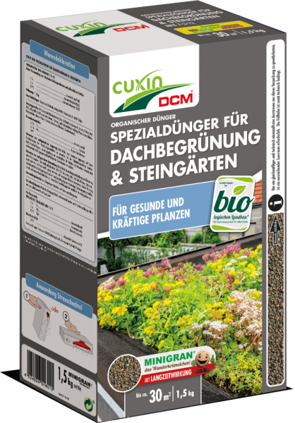 Produktbild von Cuxin DCM Spezialdünger für Dachbegrünung und Steingärten in einer 1, 5, kg Streuschachtel mit Anwendungsanleitung und Produktabbildungen.