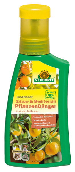 Produktbild von Neudorff BioTrissol Zitrus- & MediterranpflanzenDuenger 250 ml Flasche mit Beschriftung und Abbildungen von Zitrusfruechten sowie Informationen zum schnellen Wachstum und reicher Ernte.