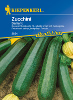 Produktbild von Kiepenkerl Zucchini Diamant F1 mit Abbildung der dunkelgrünen Zucchini-Früchte mit kleinen hellgrünen Flecken samt Verpackung mit Firmenlogo...