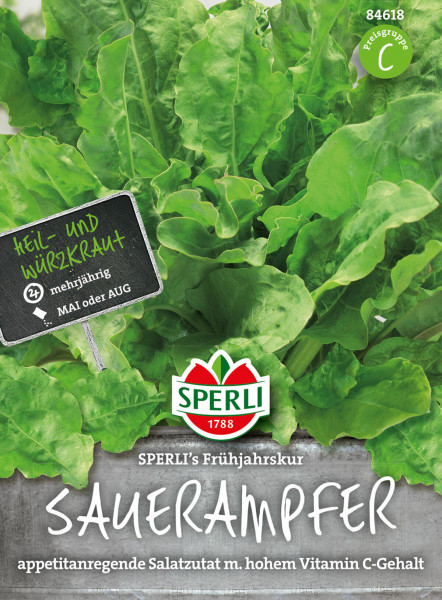 Produktbild von Sperli Sauerampfer SPERLIs Frühjahrskur mit grünen Blättern und Verpackungsinformationen wie Heil- und Würzkraut mehrjährig und hoher Vitamin C-Gehalt.