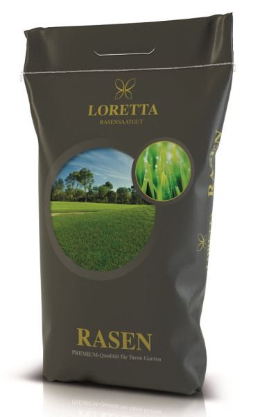 Produktbild von Loretta Trocken-Rasen 10kg Verpackung mit Bildern von Rasenflächen und dem Hinweis auf Premium-Qualität für den Garten.