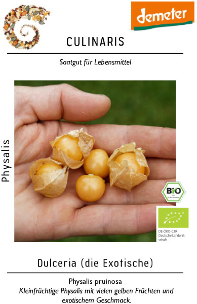 Produktbild von Culinaris BIO Physalis Dulceria Saatgutverpackung mit demeter-Logo offenen Physalisfrüchten in einer Hand und Bio-Siegel