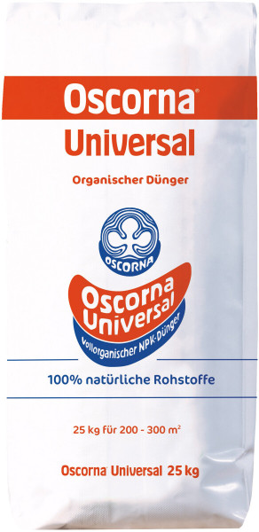 Produktbild von Oscorna-Universal in einer 25 kg Verpackung als organischer Vollorganischer NPK-Dünger mit Hinweisen auf 100 Prozent natürliche Rohstoffe und Anwendungsfläche.