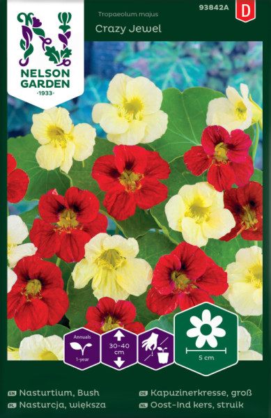 Produktbild von Nelson Garden Kapuzinerkresse groß Crazy Jewel mit Blüten in Gelb und Rot sowie Verpackungsdesign und Pflanzeninformationen
