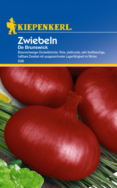 Produktbild von Kiepenkerl Zwiebeln De Brunswick mit Darstellung von roten Zwiebeln und Produktinformationen auf Deutsch.