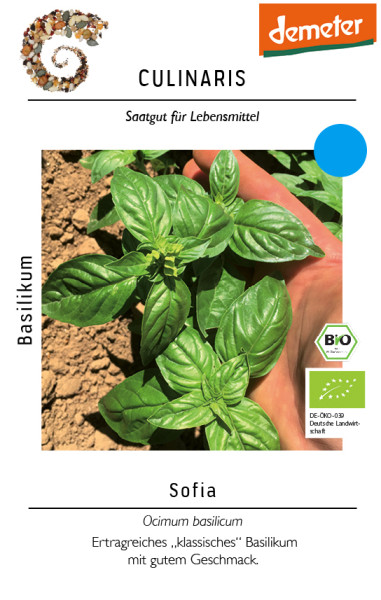 Produktbild von Culinaris BIO Basilikum Sofia mit Demeter-Siegel frische Basilikumpflanze in der Hand vor Erdboden und Informationen zu Saatgut für Lebensmittel.