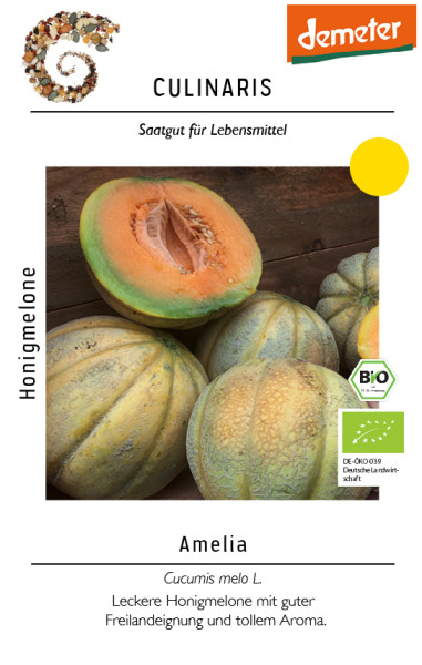 Produktbild von Culinaris BIO Honigmelone Amelia mit Darstellung ganzer und halbierter Melonen sowie Produktinformationen und Bio-Siegel.
