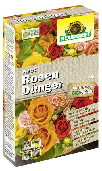 Produktbild von Neudorff Azet RosenDuenger 1kg mit Darstellung verschiedener Rosenblueten und Hinweisen auf natuerliche Inhaltsstoffe sowie biologische Vertraeglichkeit.