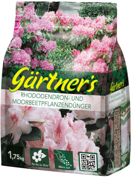 Produktbild von Gärtners Rhododendron- und Moorbeetpflanzendünger in einer 1, 75, kg Packung mit Abbildung von Rhododendronblüten und Produktinformationen.