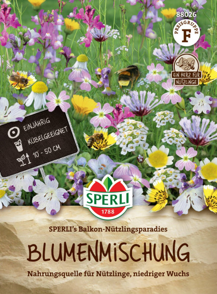 Produktbild der Sperli Blumenmischung SPERLIs Balkon-Nützlingsparadies mit verschiedenen Blumen und Insekten sowie Produktinformationen und Markenlogo.