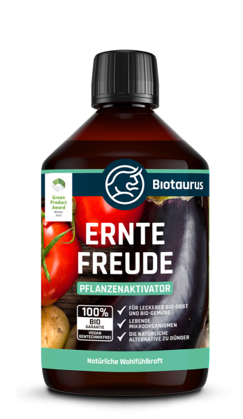 Produktbild von Biotaurus Erntefreude 500ml Flasche als Pflanzenaktivator mit 100 Prozent Bio-Garantie und Hinweisen für Bio-Obst und Gemüse mit Auszeichnung Green Product Award Winner 2022.