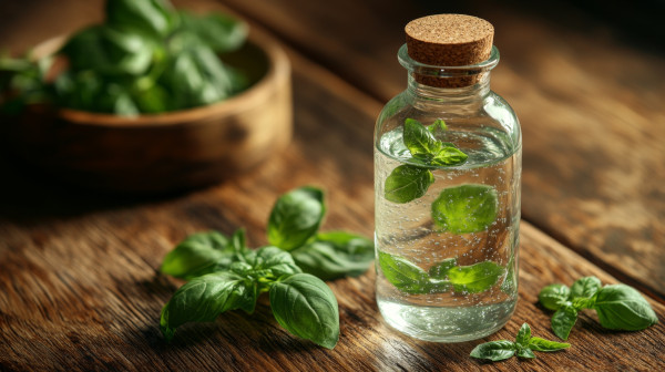 large-fresh-basil-leaves-are-infused-in-clear-water-inside-a-glass-bottle-with-a-cork-nearby-additional-basil-leaves-rest-on-a-rustic-wooden-table-highlighting-the-natural-setting
