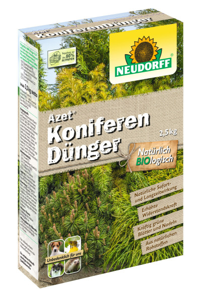 Produktbild von Neudorff Azet KoniferenDünger 2, 5, kg Verpackung mit Hinweisen auf natürliche Inhaltsstoffe und Umweltverträglichkeit sowie Abbildungen von Koniferen und Haustieren