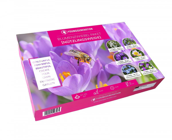 Produktbild des Sperli Young Generation Paket Nützlingsweide mit lila Blumen und Biene sowie Produktdetails und Markenlogo.