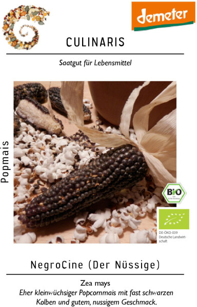 Produktbild von Culinaris BIO Popcornmais NegroCine mit Bio-Siegel und demeter Logo sowie Informationen zur Art und Geschmacksbeschreibung des Popcornmais in deutscher Sprache.