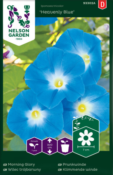 Produktbild von Nelson Garden Prunkwinde Heavenly Blue mit blauen Blüten und Informationen zur Pflanzenart und Wuchshöhe auf Deutsch und weiteren Sprachen.