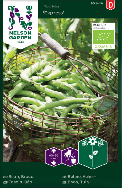 Produktbild von Nelson Garden BIO Ackerbohne Express mit Hülsenfrüchten in einem Drahtkorb, Verpackungsdesign mit Produktinformationen und Bio-Siegel in grünem Layout.