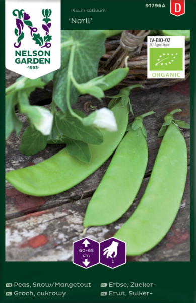 Produktbild von Nelson Garden BIO Zuckererbse Norli mit Abbildung der Erbsen an Pflanzen und geöffneten Schoten sowie Produktinformationen und Bio-Siegel.