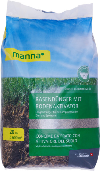 Produktbild von MANNA Rasendünger mit Bodenaktivator in einem 20kg Sack zur Langzeitdüngung von Zier- und Spielrasen.