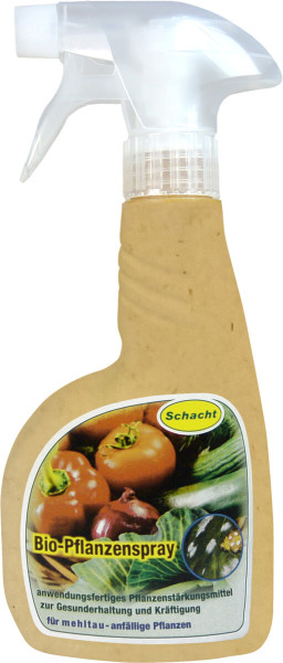 Produktbild von Schacht Bio-Pflanzenspray in einer 500ml Pumpsprühflasche zur Stärkung mehltau-anfälliger Pflanzen mit Markenlogo und Abbildungen von Tomaten und Zwiebeln.