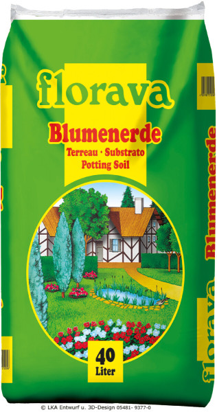 Produktbild von Plantaflor Aktions Blumenerde Florava 40l Verpackung mit Darstellung eines Gartens und Haus im Hintergrund und Angaben zur Packungsgröße.