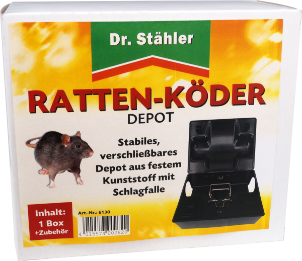Produktbild von Dr. Stähler Rattenköder-Depot mit stabilem, verschließbarem Kunststoffdepot und Schlagfalle, sowie einer Abbildung einer Ratte und Angaben zu Inhalt und Artikelnummer.