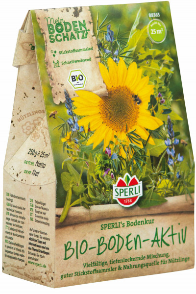 Produktbild von SPERLI Bodenkur BIO-Boden-Aktiv 0, 25, kg Verpackung mit Blumenbildern und Produktinformationen in deutscher Sprache.