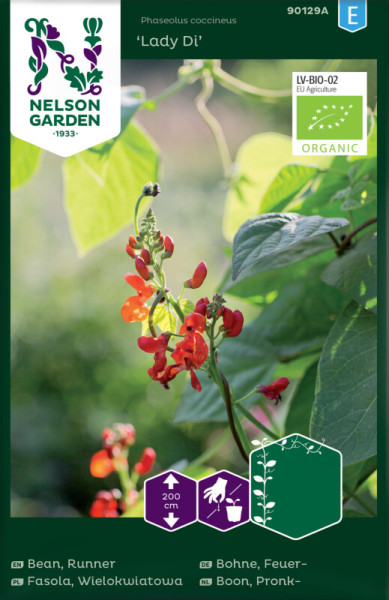 Produktbild von Nelson Garden BIO Feuerbohne Lady Di Saatgutverpackung mit der Darstellung von roten Blüten und Pflanzeninformationen mit Bio-Siegel