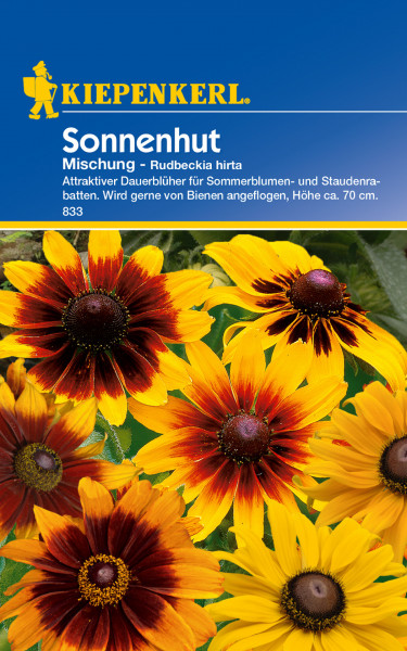 Produktbild von Kiepenkerl Sonnenhut Mischung mit Blüten in Gelb und Rot sowie Produktinformationen über Attraktivität für Bienen und Wuchshöhe auf Deutsch.