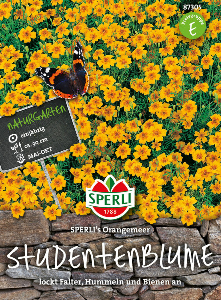Produktbild von Sperli Studentenblumen SPERLIs Orangemeer mit orange blühenden Pflanzen Schmetterling Informationen zur Pflanzung und das Sperli-Logo.