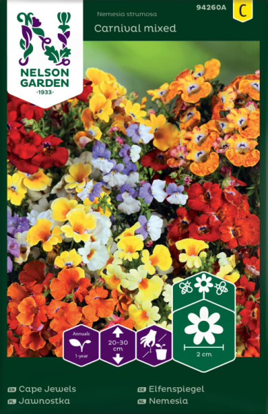 Produktbild von Nelson Garden Elfenspiegel Carnival Mixed mit bunten Blumen und Packungsinformationen.