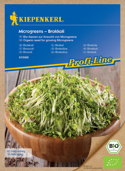 Produktbild von Kiepenkerl BIO Microgreens Brokkoli mit einer Schale voller junger Pflanzen und Verpackungsdetails in verschiedenen Sprachen