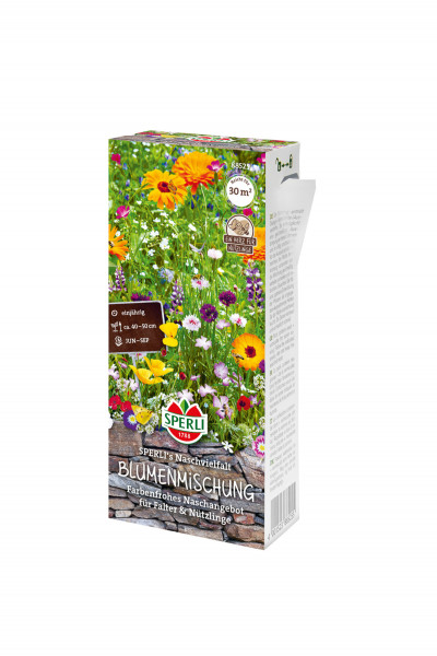 Produktbild von Sperli Blumenmischung SPERLIs Naschvielfalt mit verschiedenen bunten Blumen und Angaben zu Aussaat, Wachstum und Blütezeit auf der Verpackung in deutscher Sprache.