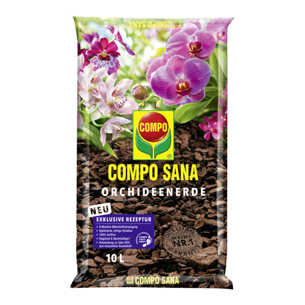 Produktbild von COMPO SANA Orchideenerde 5l Verpackung mit der Darstellung verschiedener Orchideenarten und Produktinformationen auf Deutsch.