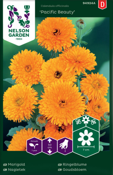 Produktbild von Nelson Garden Ringelblume Pacific Beauty mit Aussaat- und Pflanzeninformationen auf der Verpackung in verschiedenen Sprachen.
