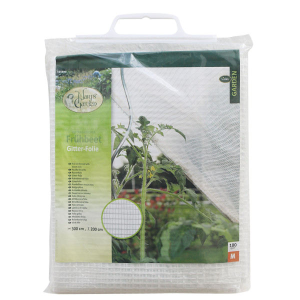 Produktbild von Videx Gitter Folie weiß transparent mit den Maßen 2x3 m in Verpackung und Informationen zum Gartenprodukt auf Deutsch.