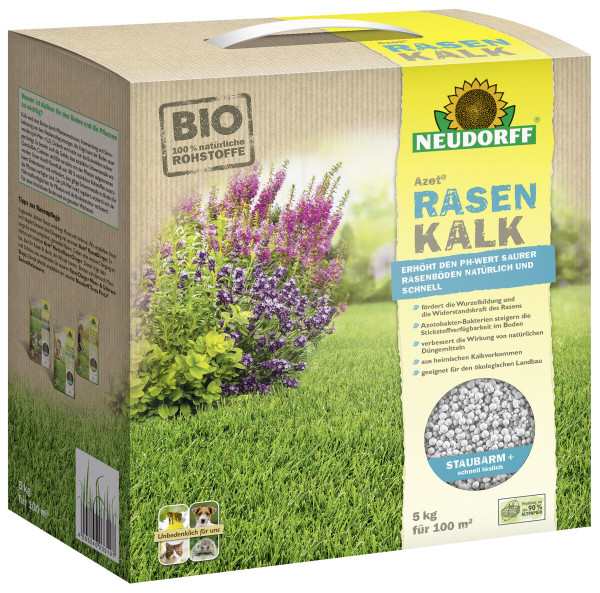 Produktbild von Neudorff Azet RasenKalk 5kg Verpackung mit Produktinformationen und Anweisungen auf Deutsch sowie Abbildung einer grünen Rasenfläche.