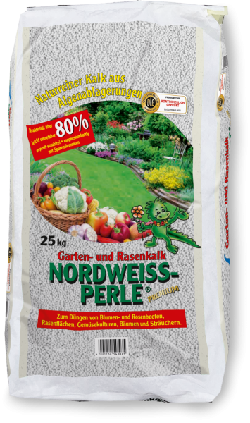 Produktbild von VKD Nordweiss-Perle Premium Garten- und Rasenkalk in einer 25kg Packung mit Informationen zu Naturreinem Kalk aus Algenablagerungen und Anwendungsgebieten für Garten und Rasen.