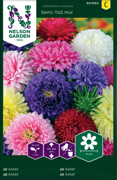 Produktbild von Nelson Garden Sommeraster hoher Mix mit bunten Blumen und Verpackungsinformationen in verschiedenen Sprachen samt Piktogrammen zur Pflanzenpflege.