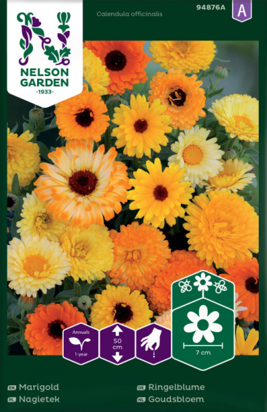 Produktbild von Nelson Garden Ringelblume Samenpackung mit farbenfrohen Blumen und Pflanzinformationen in verschiedenen europäischen Sprachen.