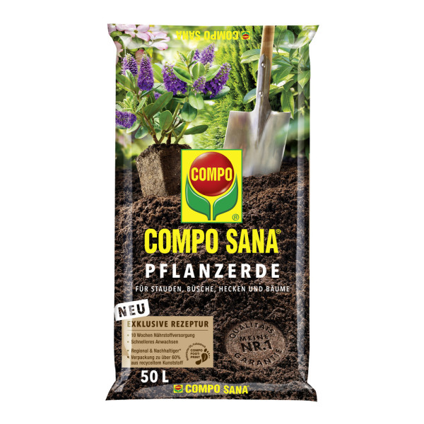Produktbild von COMPO SANA Pflanzerde 50l mit Informationen zur exklusiven Rezeptur und Hinweisen auf schnelleres Anwachsen und Nachhaltigkeit sowie Darstellung von Pflanzen und einer Schaufel.