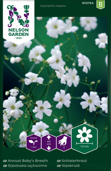 Produktbild von Nelson Garden Schleierkraut Saatgutverpackung mit Nahaufnahme der weißen Blüten und Informationen zur Pflanzenart sowie Wuchshöhe und Blütengröße.