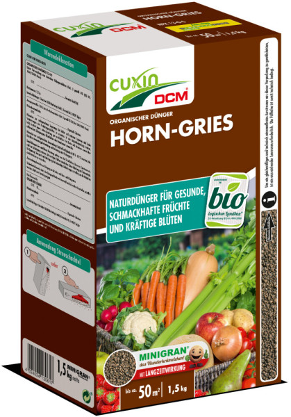 Produktbild des Cuxin DCM Horn-Gries Minigran 1, 5, kg in einer Streuschachtel mit Informationen über Bio-Naturdünger für gesunde Früchte und starke Blüten auf Deutsch.