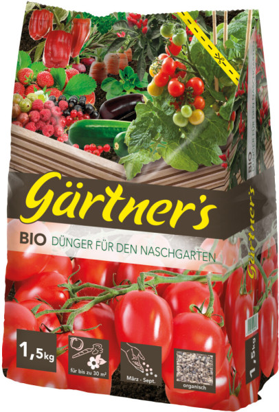 Produktbild von Gärtners Biodünger für den Naschgarten in einer 1, 5, kg Verpackung mit Abbildungen von Gemüse und Früchten sowie Angaben zur Dosierung und Anwendungszeitraum.