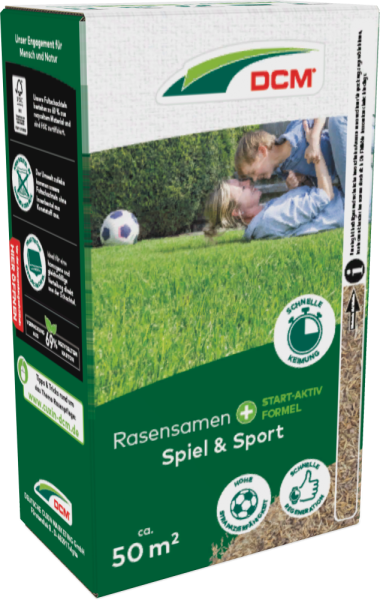 Produktbild von Cuxin DCM Rasensamen Spiel & Sport 1000g Streuschachtel mit Angaben zur Rasenfläche und Symbolen zu Schnellkeimung und Belastbarkeit.