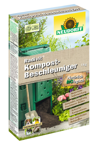 Produktbild von Neudorff Radivit Kompost-Beschleuniger 1kg Verpackung mit Hinweisen zu natürlichen Inhaltsstoffen und Kompostierung, sowie Siegel für umweltfreundliche Verpackung.