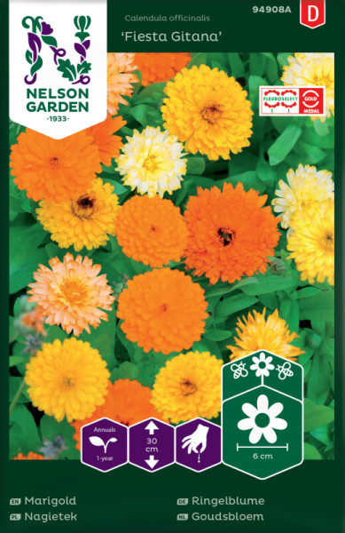 Produktbild von Nelson Garden Ringelblume Fiesta Gitana mit farbenfrohen Blüten und Verpackungsinformationen auf Deutsch.